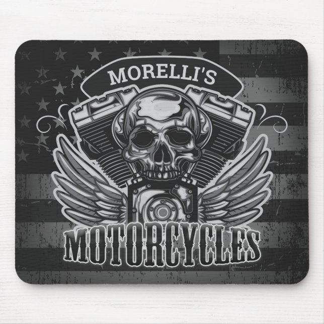 American Biker ADD NAME Skull V-Twin Motorcycles Mouse Mat (Front)