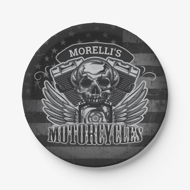 American Biker ADD NAME Skull V-Twin Motorcycles Paper Plate (Front)