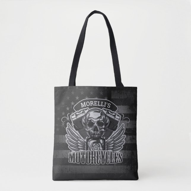 American Biker ADD NAME Skull V-Twin Motorcycles Tote Bag (Front)