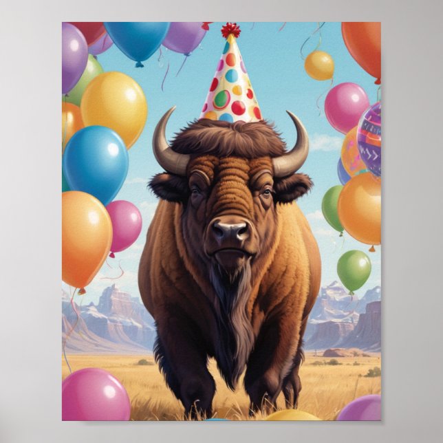 American bison birthday hat & balloons poster (Front)
