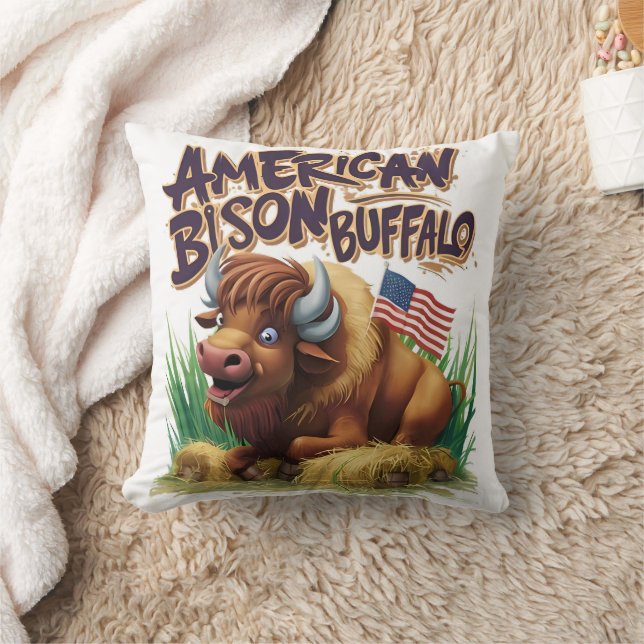 American Bison Buffalo With American Flag Cushion (Blanket)