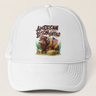 American Bison Buffalo With American Flag Trucker Hat