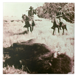 American Bison Hunters (b/w photo) Tile