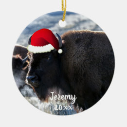 American Bison in Santa Hat Ceramic Tree Decoration