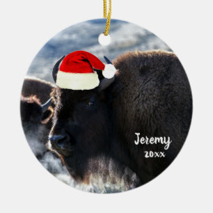 American Bison in Santa Hat    Ceramic Tree Decoration