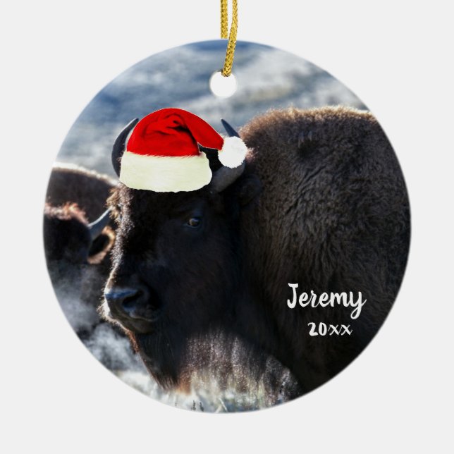 American Bison in Santa Hat    Ceramic Tree Decoration (Front)