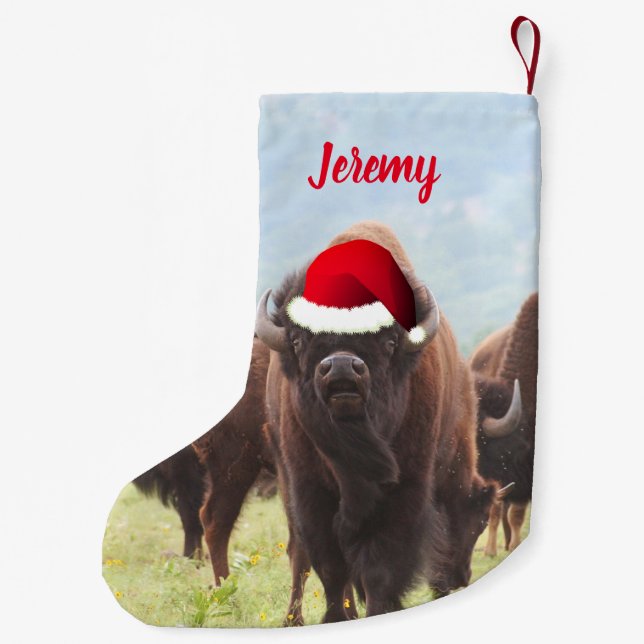 American Bison in Santa Hat   Small Christmas Stoc Stocking (Back)