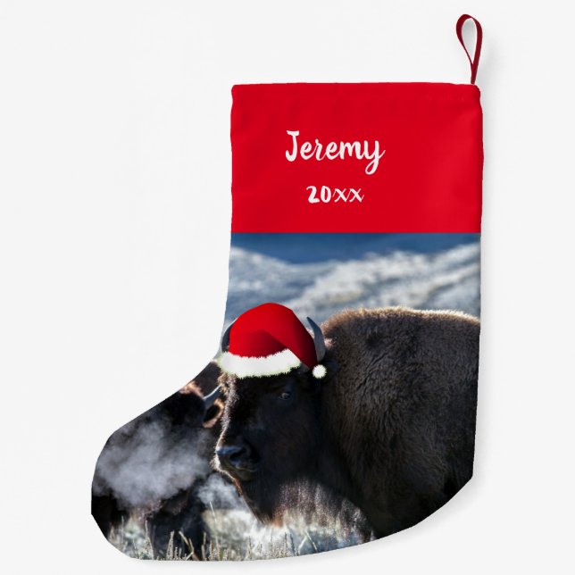 American Bison in Santa Hat   Small Christmas Stocking (Back)