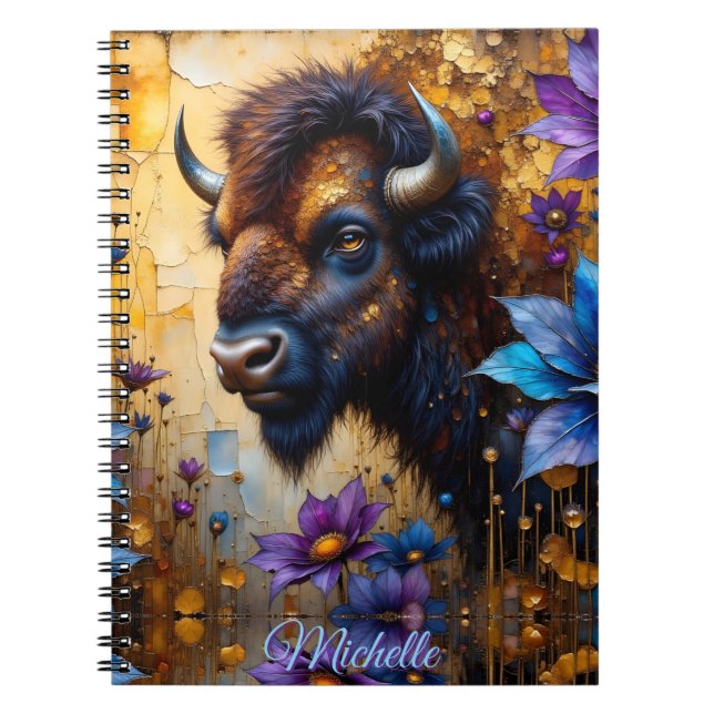 American Bison in textured Flower *Personalise* Notebook (Front)