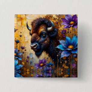 American Bison in textured Flower portrait 15 Cm Square Badge