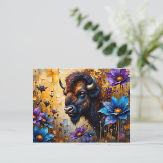 American Bison in textured Flower portrait Postcard (Standing Front)
