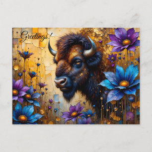 American Bison in textured Flower portrait Postcard