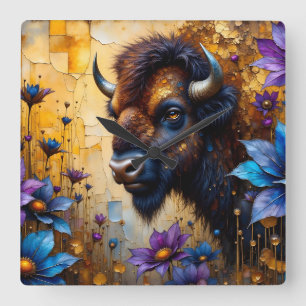American Bison in textured Flower portrait Square Wall Clock