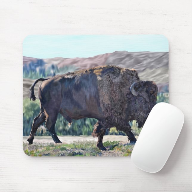 American Bison Roaming in Grassland Setting Mouse Mat (With Mouse)