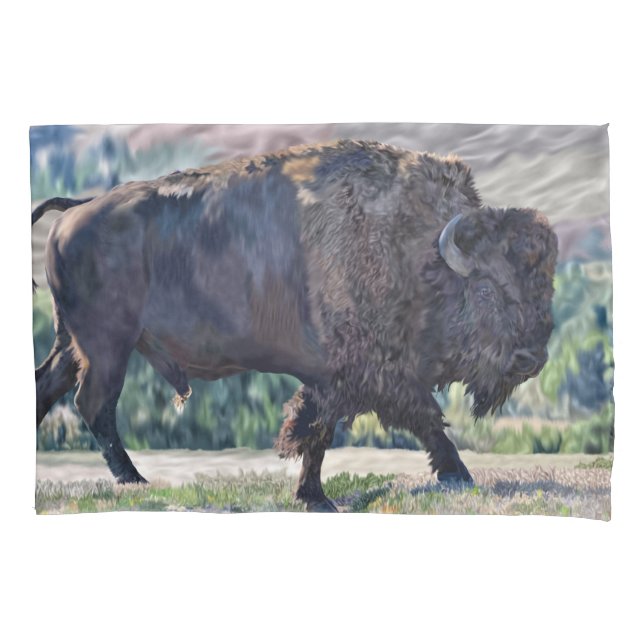 American Bison Roaming in Grassland Setting Pillowcase (Front)