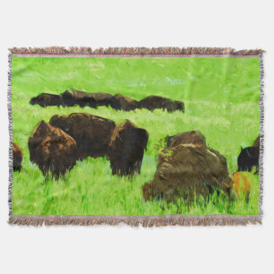 American Bison With Young Abstract Impressionism Throw Blanket