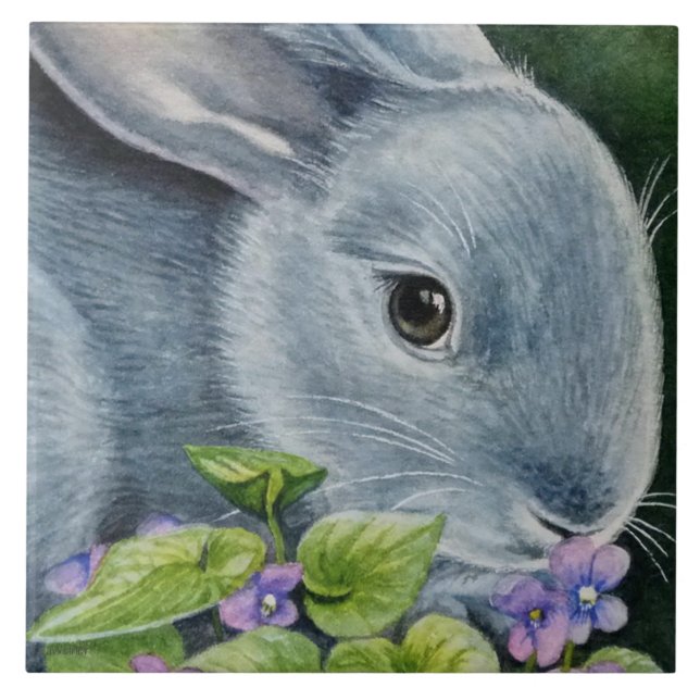 American Blue Rabbit in Violets Watercolor Art Tile (Front)