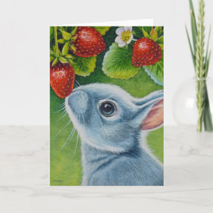 American Blue Rabbit & Strawberries Watercolor Art Card
