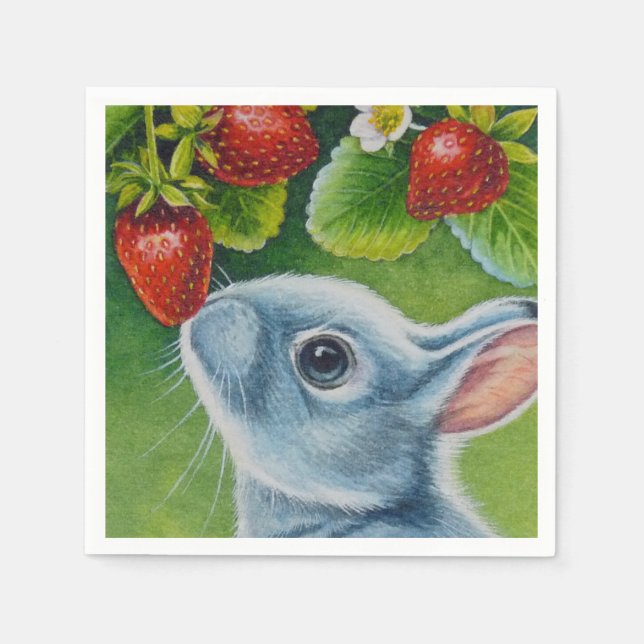 American Blue Rabbit & Strawberries Watercolor Art Napkin (Front)