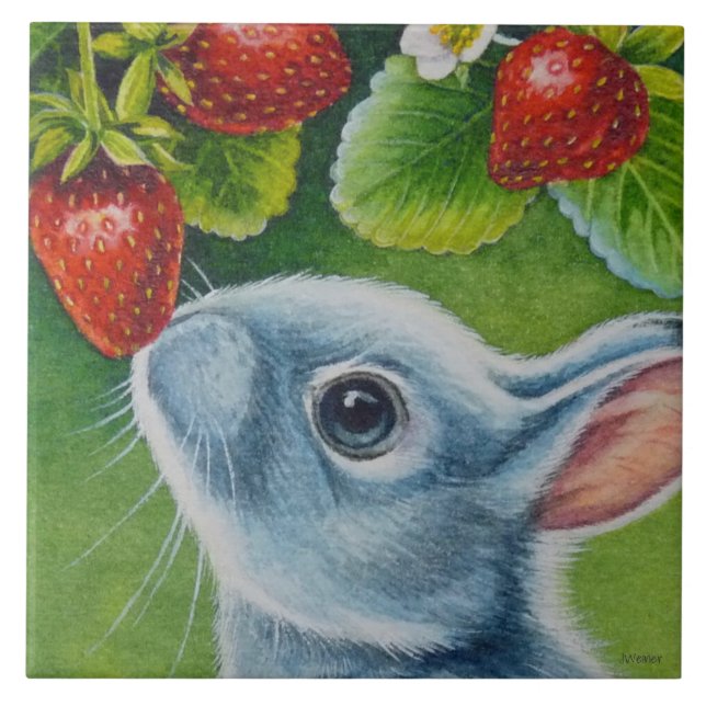 American Blue Rabbit & Strawberries Watercolor Art Tile (Front)
