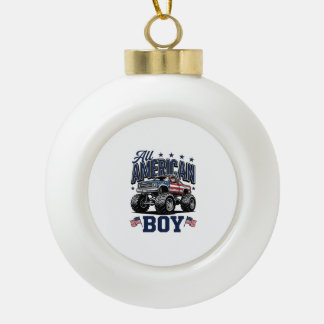 American Boy Monster Truck Vintage Patriotic Shirt Ceramic Ball Christmas Ornament