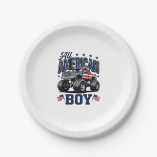 American Boy Monster Truck Vintage Patriotic Shirt Paper Plate