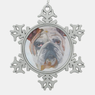 American Bulldog Artistic Pet Portrait Snowflake Pewter Christmas Ornament