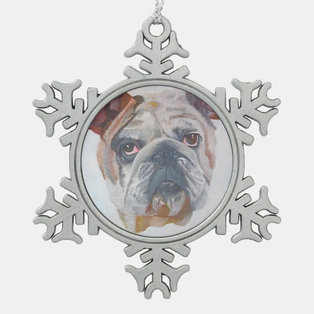 American Bulldog Artistic Pet Portrait Snowflake Pewter Christmas Ornament (Front)