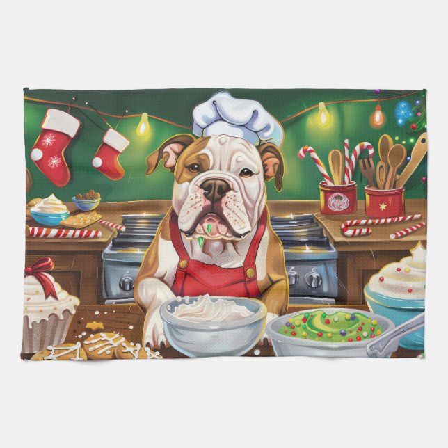 American Bulldog Holiday Baking: Festive Christmas Tea Towel (Horizontal)