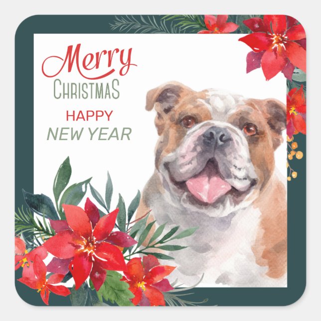 American Bulldog Poinsettia Border Christmas Square Sticker (Front)