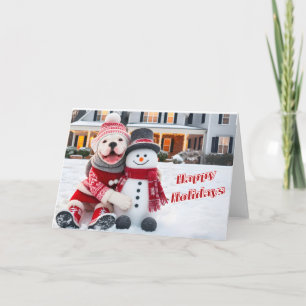 American Bulldog Posing with His Snowman Card