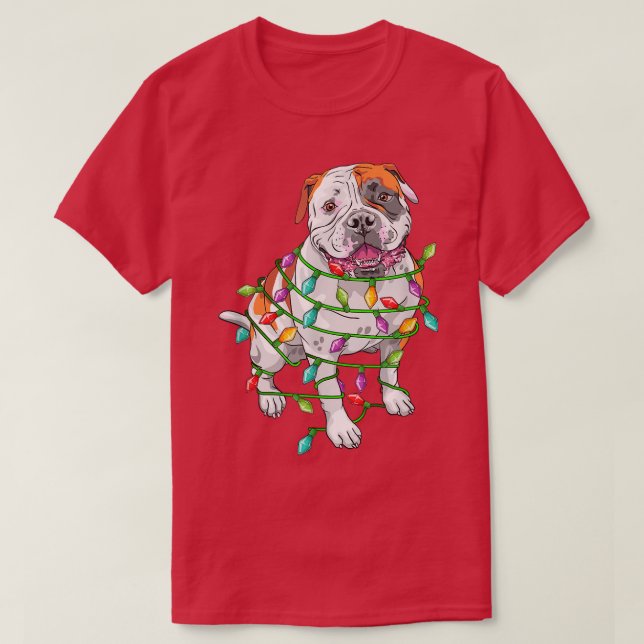 American Bulldog Santa Christmas Tree Lights Xmas  T-Shirt (Design Front)