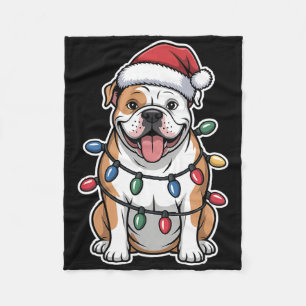 American Bulldog Wrapped In Christmas Lights Fleece Blanket