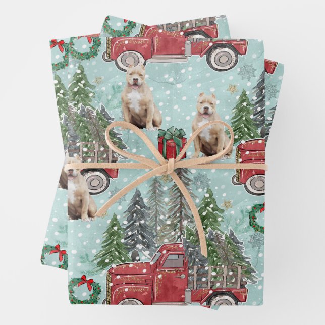 American bully dog Red Christmas Truck Festive Wrapping Paper Sheet (In situ)