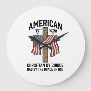 American by Faith Christian Dad Patriotic Cross Sh Large Clock