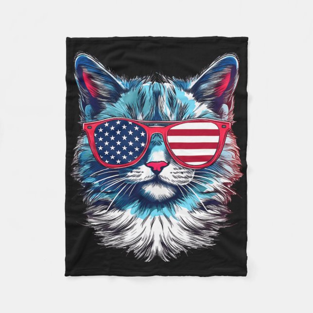 American Cat Sungles Usa Flag 4th Of July Cat Grap Fleece Blanket (Front)
