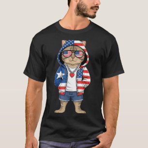American Cat USA Flag Red White Blue Patriotic 4th T-Shirt