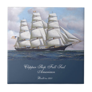 American Clipper Ship Full Sail Under Clouds Tile