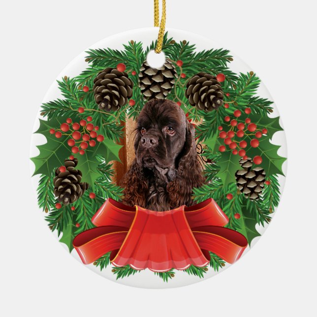 American Cocker Spaniel Christmas Holiday Wreath Ceramic Tree Decoration (Front)