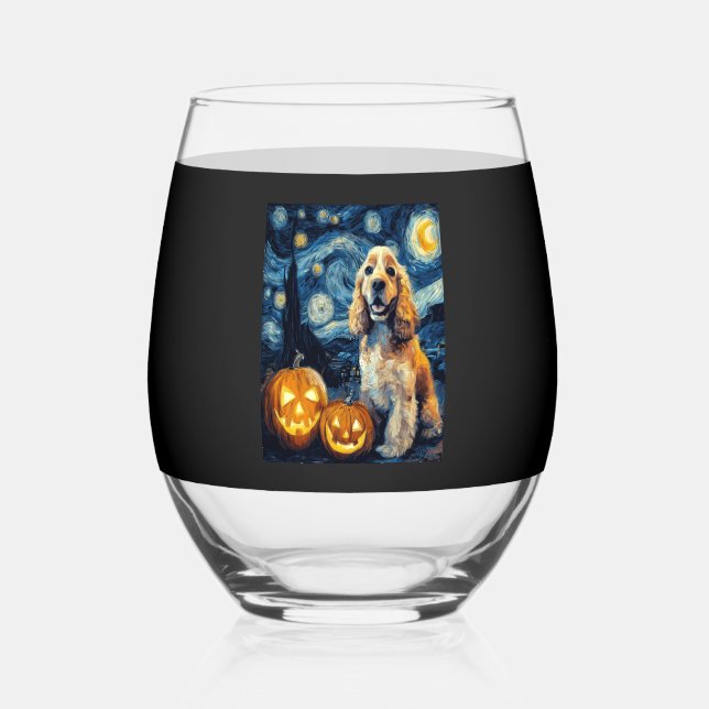 American Cocker Spaniel Cute Dog Halloween Jack O  Stemless Wine Glass (Front)