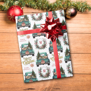 American Cocker Spaniel Dog Retro Truck Monogram Wrapping Paper