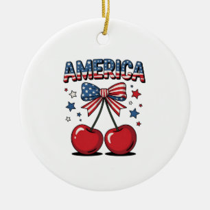 American Coquette Bow Cherry Aesthetic USA Flag Ceramic Tree Decoration