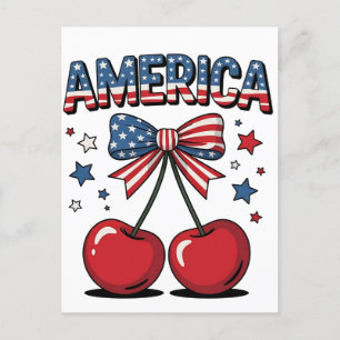 American Coquette Bow Cherry Aesthetic USA Flag Invitation Postcard