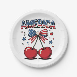 American Coquette Bow Cherry Aesthetic USA Flag  Paper Plate