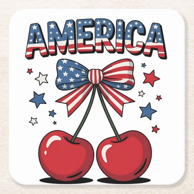 American Coquette Bow Cherry Aesthetic USA Flag  Square Paper Coaster (Front)