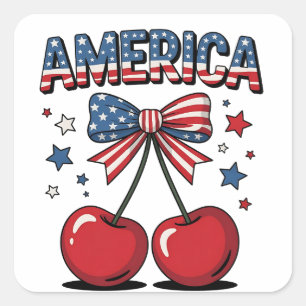 American Coquette Bow Cherry Aesthetic USA Flag  Square Sticker