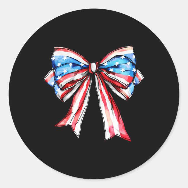 American Coquette Bow Patriotic Usa Flag Happy 4th Classic Round Sticker (Front)