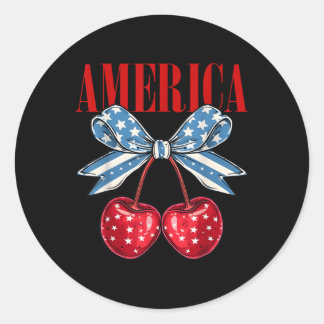 American Coquette Cherry Bow Patriotic Usa Flag 4t Classic Round Sticker