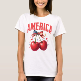 American Coquette Cherry Bow Patriotic USA T-Shirt