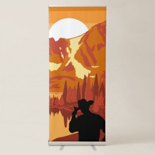 American cowboy touching his hat in the mountains  retractable banner